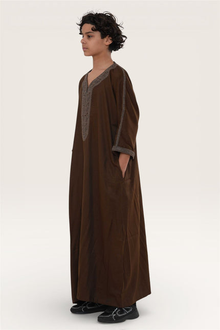 Kids Boys Ramadan Dark Brown Moroccan Thobe Robe Djellaba Gandoura Eid Jubba- K-HM67
