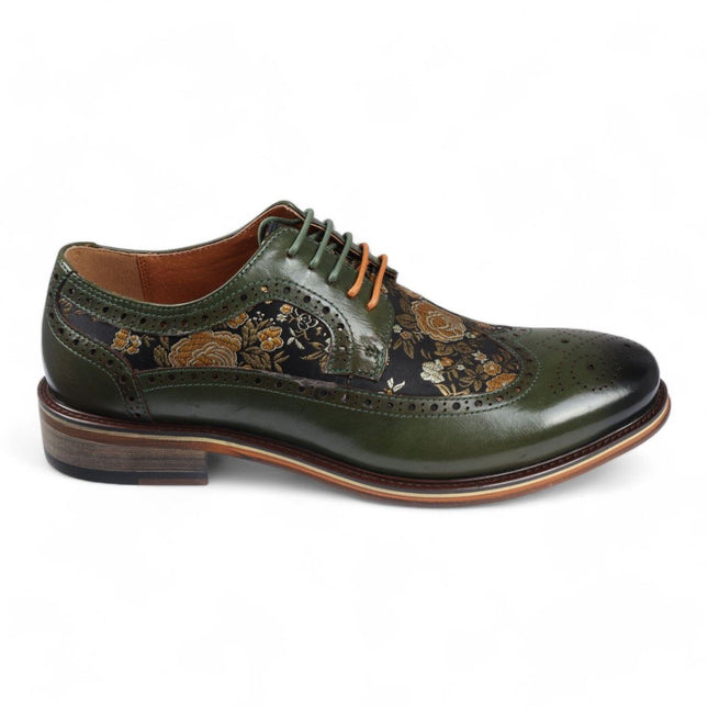 Justin Reess Men's Green Leather Floral Print Brogue Dress Shoes - Ross