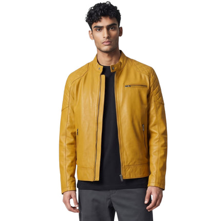 Mens Yellow Leather Quilted Shoulder Biker Jacket - Rock