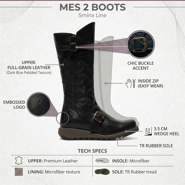 Fly London Womens Black Leather Mid-Calf Long Boots - MES2913