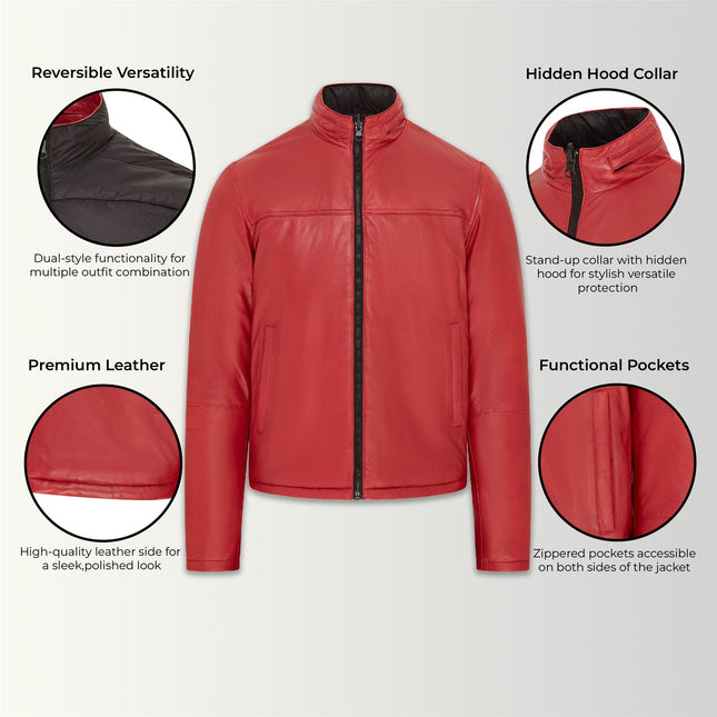Mens Reversible Hooded Leather Jacket Premium Lambskin Napa