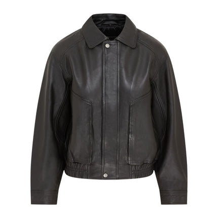 Womens Black Leather Biker Bomber Oversized Jacket - Blouson