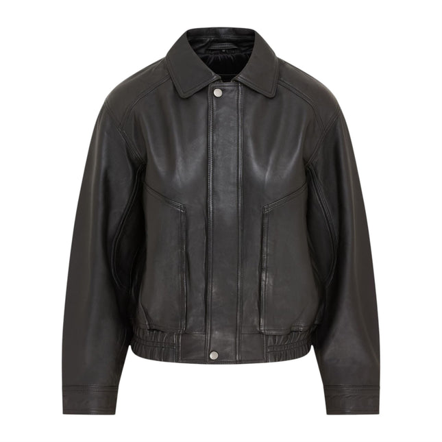 Womens Black Leather Biker Bomber Oversized Jacket - Blouson