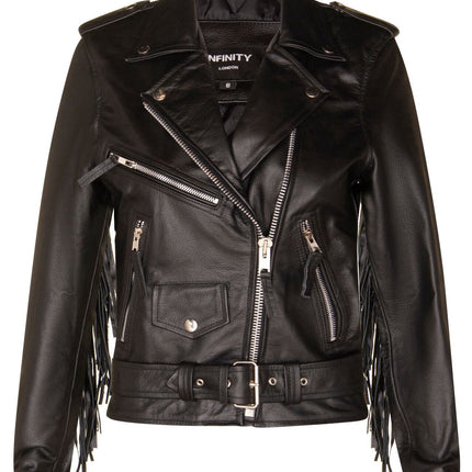 Women's Black FRINGE Leather Brando TASSELED Motorcycle Cow Hide Biker Jacket
