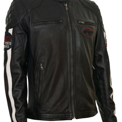 Men’s Classic Striped Racing Leather Jacket- Barcelona