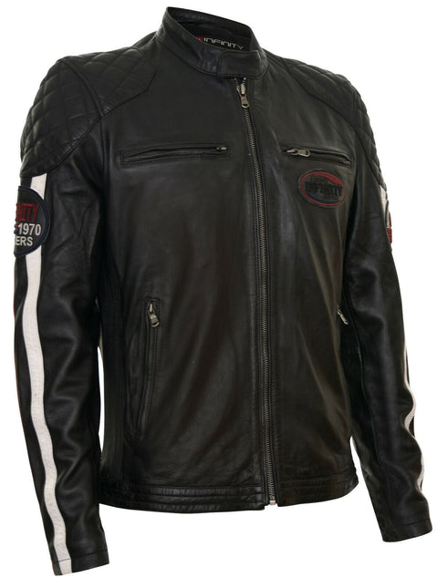 Men’s Classic Striped Racing Leather Jacket- Barcelona