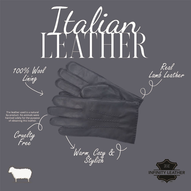 Men’s Navy Blue Italian Leather Warm Wool Lining Winter Stich Design Gloves - M-LGV-205