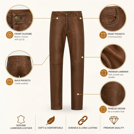 Mens Brown Lamb Leather 501 Biker Jeans - Istanbul
