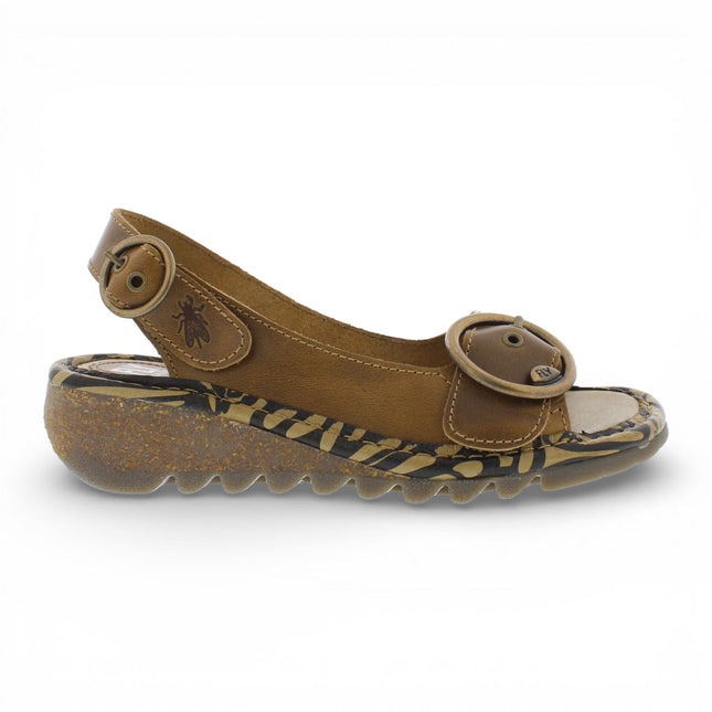 Fly London Women's TRAM723FLY Camel Brown Leather Wedge Sandals