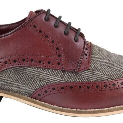 Mens Classic Oxford Tweed Brogue Derby Shoes In Burgundy Leather