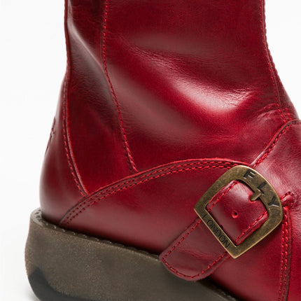 Fly London Womens Red Mes 2 Wedge Heel Buckle Mid-Calf Leather Zip Platform Boots