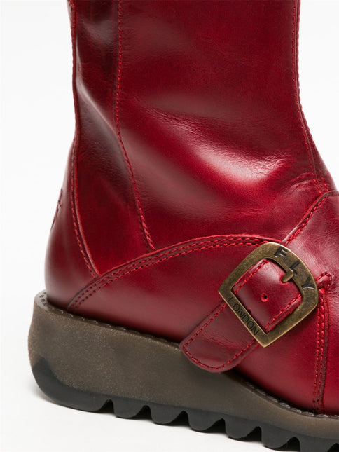 Fly London Womens Red Mes 2 Wedge Heel Buckle Mid-Calf Leather Zip Platform Boots