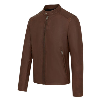 Mens Leather Brown Stand Collar Cafe Racer Biker Jacket - E184