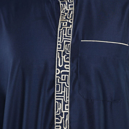 Mens Navy Thobe Jubba Emirati Islamic Arabic Eid Embroidery Kaftan Jubbah Robe