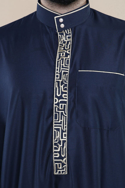 Mens Navy Thobe Jubba Emirati Islamic Arabic Eid Embroidery Kaftan Jubbah Robe