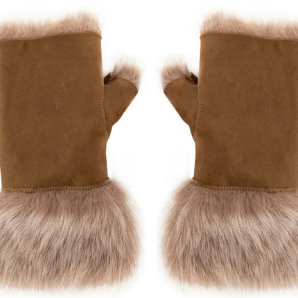 Womens Shearling  Mittens Fingerless Cuffs Toscana Suede Sheepskin Fur