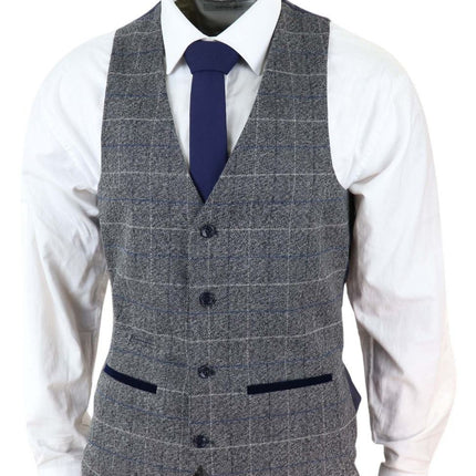 Mens 3 Piece Grey With Blue Check Vintage Classic Suit