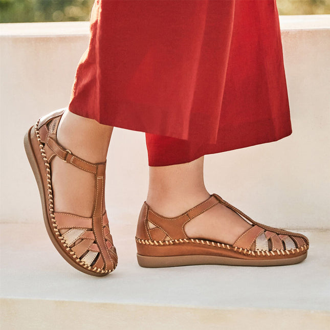 Pikolinos Women's Brown Leather Semi-Open Wedge Sandal Shoes - Cadaques