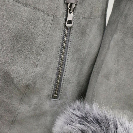 Womens Grey Suede Hooded Merino Sheepskin Coat-Monrovia