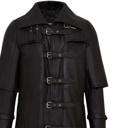 Mens Black Leather Full Length Buckle Gothic Long Trench Coat - Captain