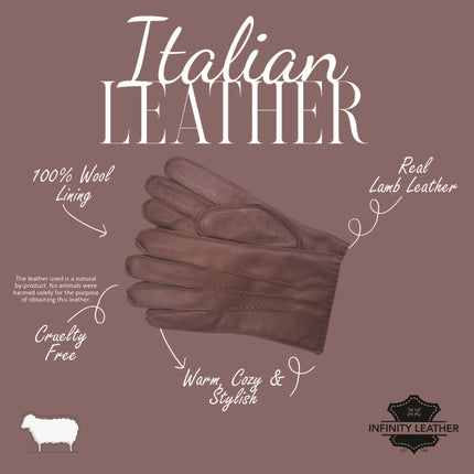 Men’s Chestnut Brown Italian Leather Warm Wool Lining Winter Stich Design Gloves - M-LGV-205