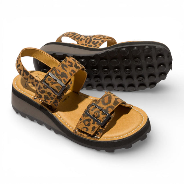 Fly London Women's HEIF558FLY Cheetah Tan Leather Wedge Buckle Sandals