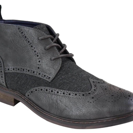 Mens Classic Tweed Oxford Brogue Ankle Boots In Grey Leather