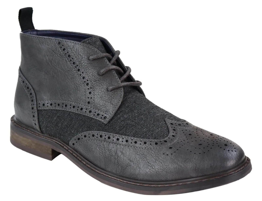 Mens Classic Tweed Oxford Brogue Ankle Boots In Grey Leather