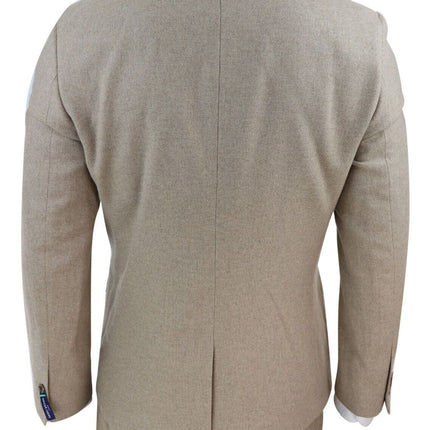 Mens Tweed 3 Piece Beige Formal Wedding Suit