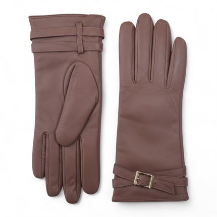 Womens Nude Beige Italian Leather Winter Buckle Soft Wool Lining Gloves - L-GLV-601