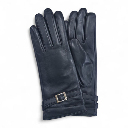 Womens Black Italian Leather Winter Buckle Soft Wool Lining Gloves - L-GLV-601