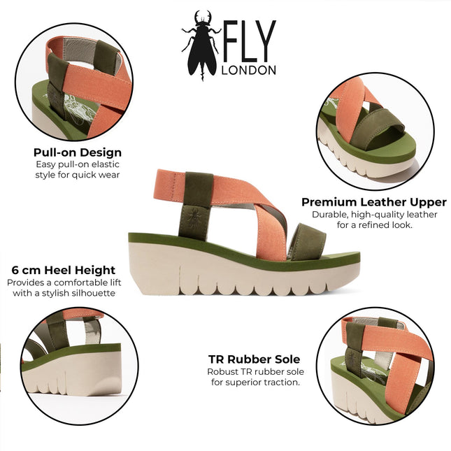 Fly London Women's Yabi922Fly Green / Tea Rose Cupido Leather Wedge Sandals