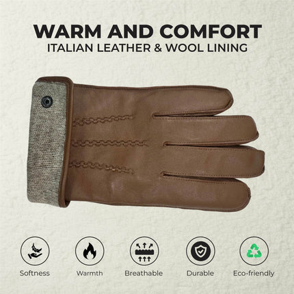 Men’s Tan Brown Italian Leather Warm Wool-Lined Winter Gloves - M-LGV-505