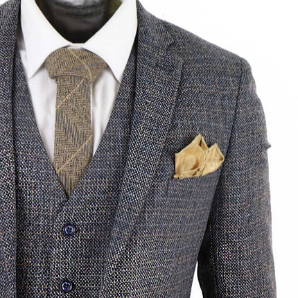 Mens 3 Piece Navy Blue Tweed Check Vintage Retro Suit