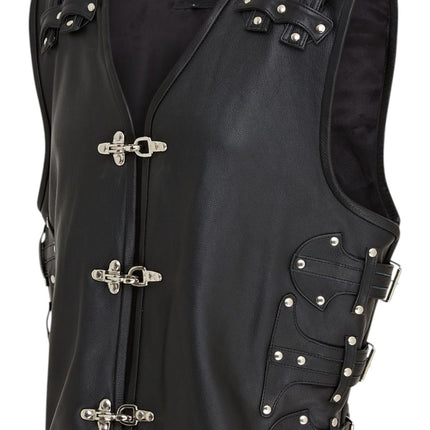 Men’s Black Biker Leather Waistcoat Metal Buckles Vest - Coolgardie