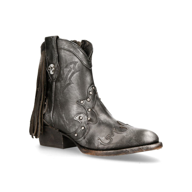 New Rock Grey Leather Fringed Pointed Cowboy Boots - WSTM003-S1