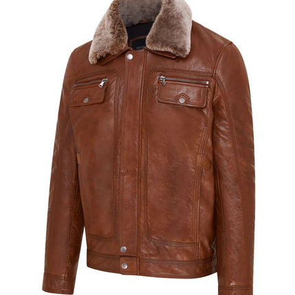 Mens Leather Jacket Trucker Removable Sheepskin Collar Casual Jacket