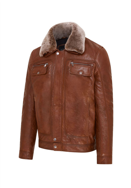 Mens Leather Jacket Trucker Removable Sheepskin Collar Casual Jacket