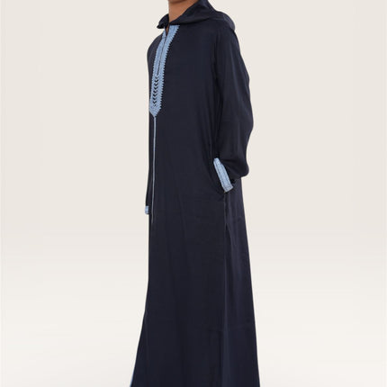 Kids Boys Navy Blue Eid Hooded Moroccan Thobe Robe Djellaba Ramadan Jubba- K-HM3