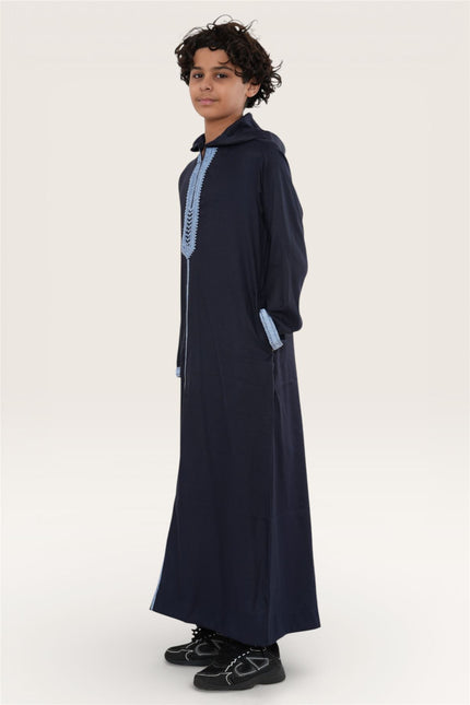 Kids Boys Navy Blue Eid Hooded Moroccan Thobe Robe Djellaba Ramadan Jubba- K-HM3