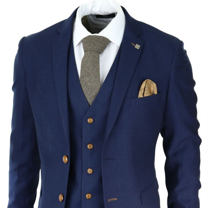 Mens 3 Piece Navy Blue Birdseye Classic Suit