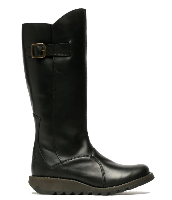 Fly London Womens Black Mol 2 Leather Wedge Heel Knee High Zip Up Boots