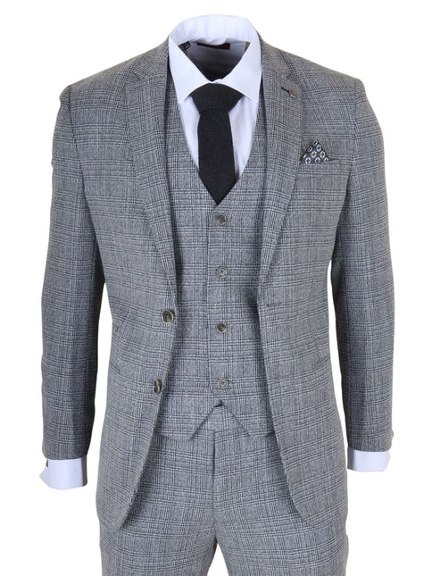 Men's 3-Piece Grey Classic Check Suit Slim Fit Plain Formal Party Suit
