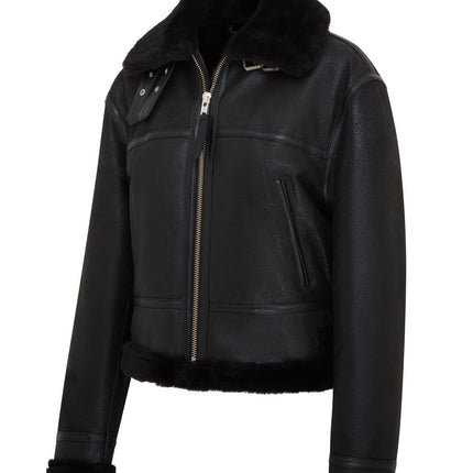 Womens Black B3 Shearling Sheepskin Leather Aviator Bomber Flying Jacket