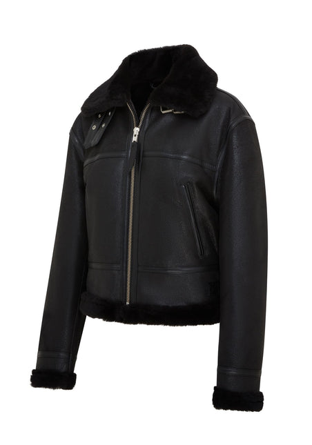 Womens Black B3 Shearling Sheepskin Leather Aviator Bomber Flying Jacket