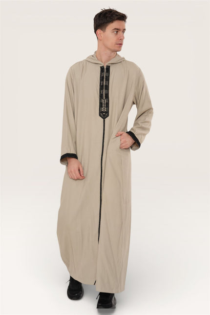 Men's Eid Grey Hooded Moroccan Thobe Robe Djellaba Ramadan Jubba- HM3