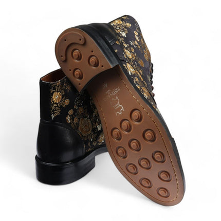 Justin Reess Men's Black Floral Print Leather Oxford Ankle Boots - Adam