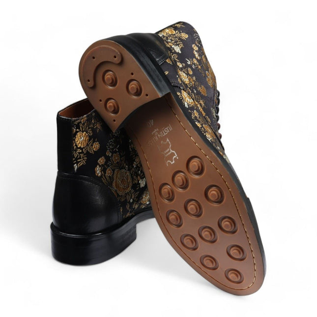 Justin Reess Men's Black Floral Print Leather Oxford Ankle Boots - Adam