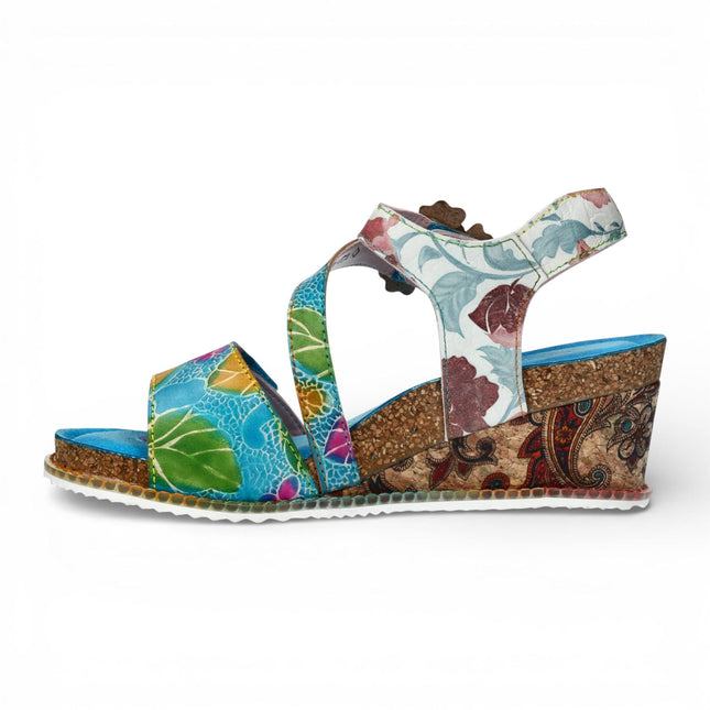Laura Vita Women's Bonito 32 Turquoise Blue Floral Leather Wedge Espadrille Sandals