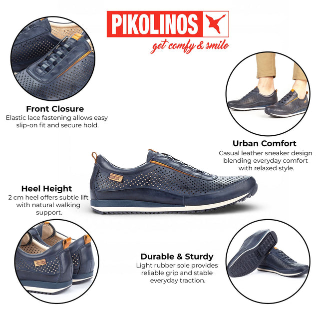 Pikolinos Men's Blue Leather Elastic Slip-on Sneaker Trainers Shoes - Liverpool